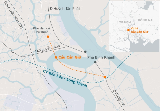 Vị trí và hướng tuyến cầu Cần Giờ theo quy hoạch.