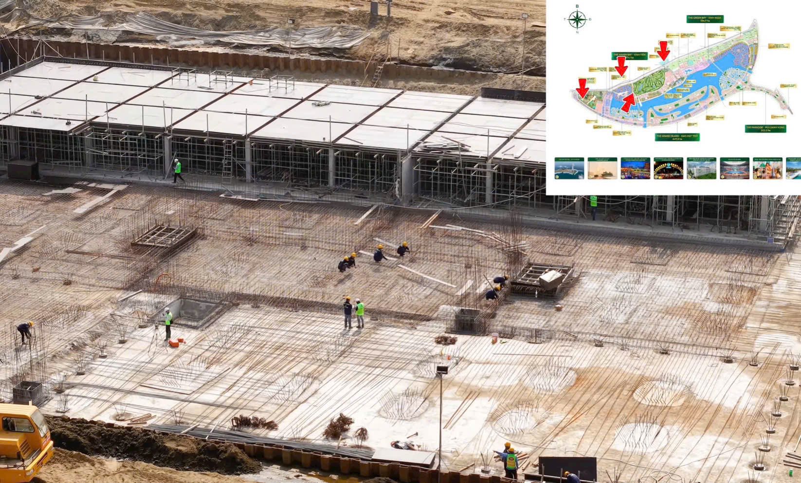 Ghi nhận từ công trường cho thấy các hạng mục thi công nền móng và hạ tầng kỹ thuật đang được triển khai tại Vinhomes Cần Giờ.